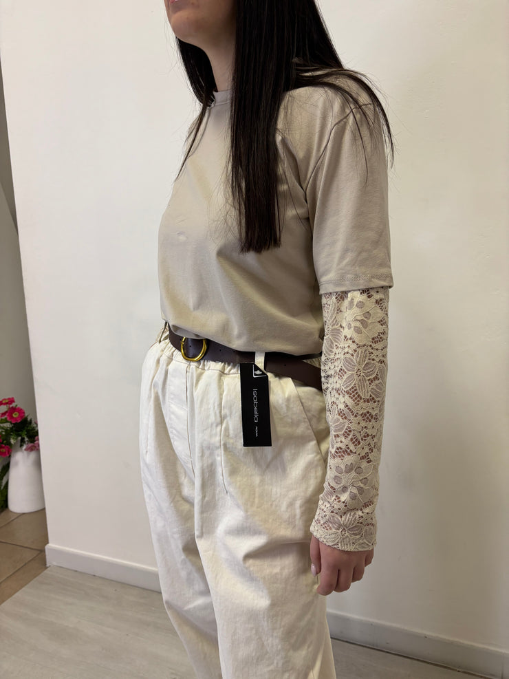 T shirt con manica in pizzo